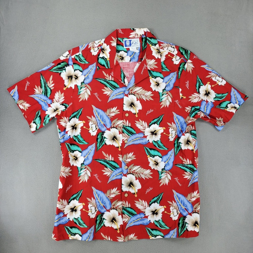 RJC Aloha Shirt Men L Red Floral Hibiscus Tropical Cotton Made in Hawaii USA